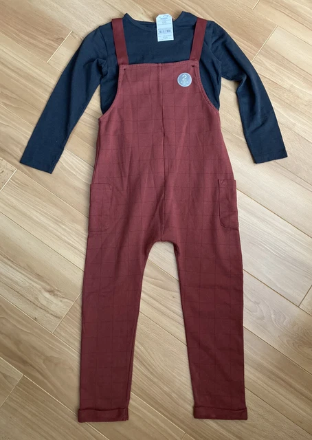 Girls next check dungarees long sleeve t shirt set brown grey age 6-7 years NWT