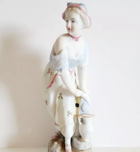 1950s Porcelain Figurine Woman At Pier w/Water Jug and Fan Antique 8" Fig1