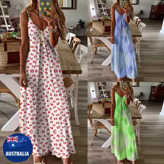 Plus Size Women Boho Tie Dye Maxi Dress Ladies Summer Beach Strappy Sun Dresses