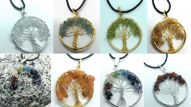 Tree of Life Pendant Necklace Round Chakra Healing Stone Rainbow Crystal Gem