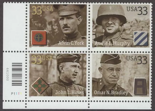 2000 Distinguished Soldiers Plate Block of 4 33c Postage Stamps, Sc# 3396, MNH