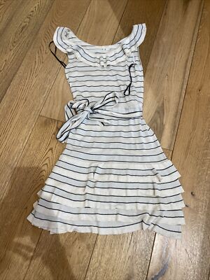Kate Spade Silk Cotton Ruffle Knit Stripe Dress Black Cream Xs 8 10 Chelsey
