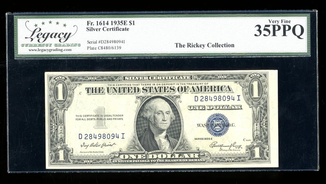 DBR 1935-E $1 Silver Fr. 1614 DI Block Legacy 35 PPQ Serial D28498094I