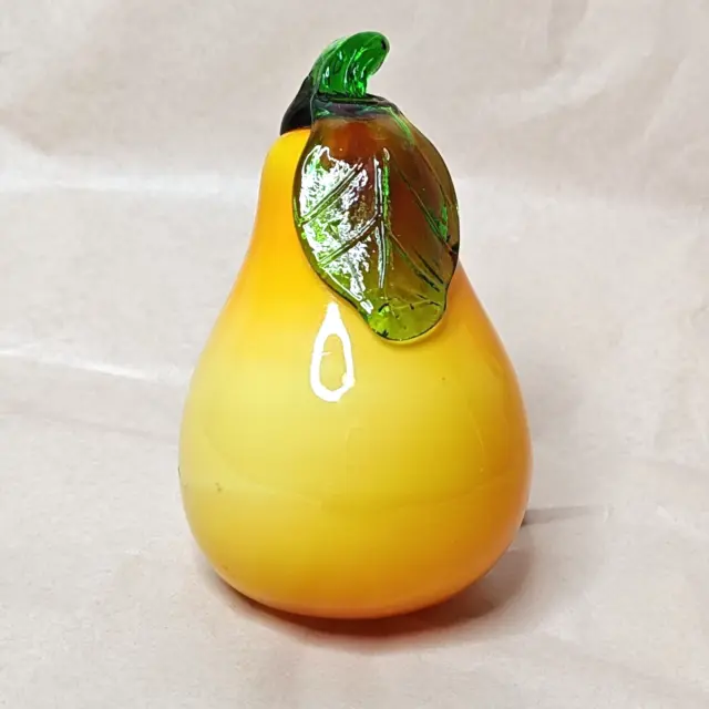 Vintage Murano Hand Blown Glass Art Pear Figurine Fruit Yellow Orange Green 4.5"