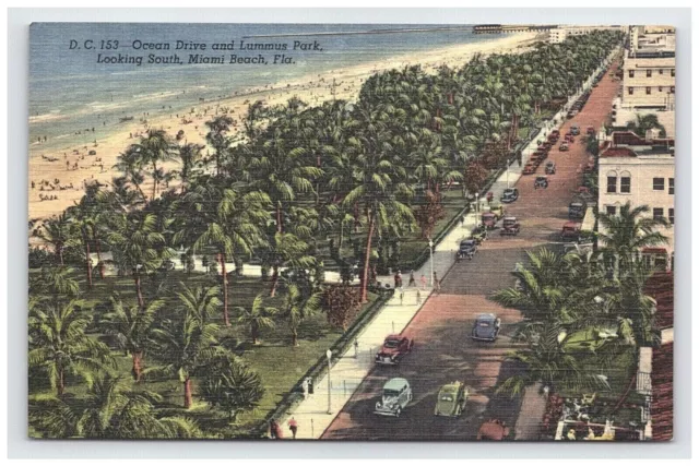 Postcard Linen FL Ocean Drive Lummus Park Cars Aerial View Miami Beach Florida