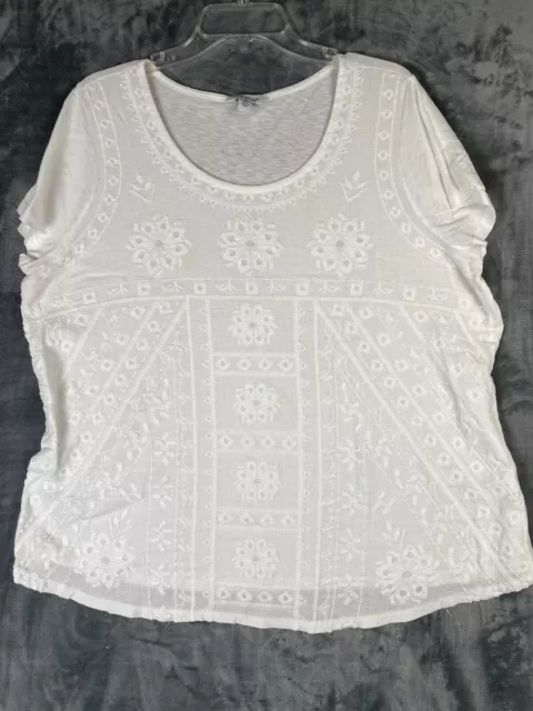Lucky Brand Womens Plus 2X White Embroidered Short Sleeve Knit Top Blouse Boho