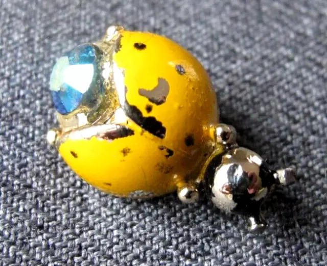 Vintage aurora borealis rhinestone enamel golden metal miniature ladybug pin