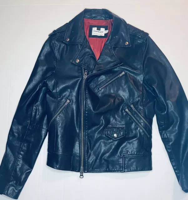 TOPMAN Black Leather Biker Jacket Size M MADE IN INDIA