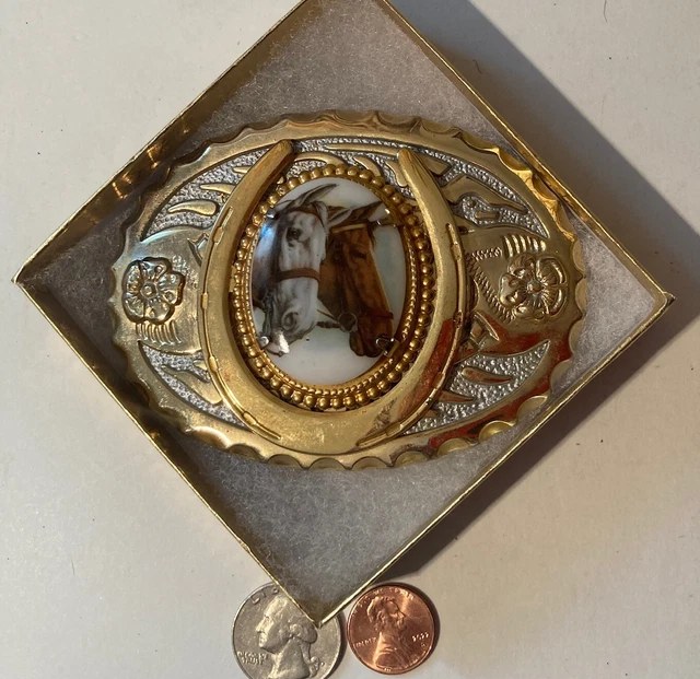 Vintage Metal Belt Buckle, Brass, 2 Horses, Horseshoe, Nice Design, 4" x 2 3/4",