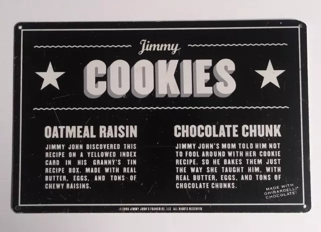 Authentic Jimmy Johns COOKIES Metal Tin Advertising Sign 5.5"h x 8.5"w 2006