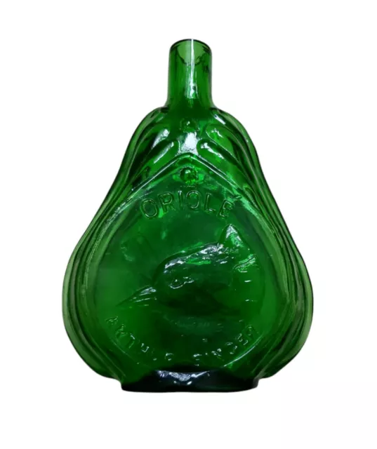 Vintage Clevenger Brothers Green Glass Scroll Flask Bottle Arthur Singer Oriole