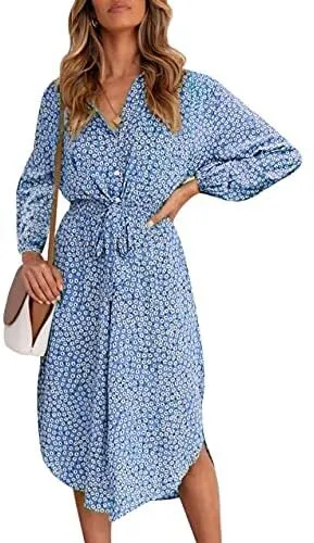 Womens L Button Front V-Neck Allover Print Light Blue Belted Midi Dress