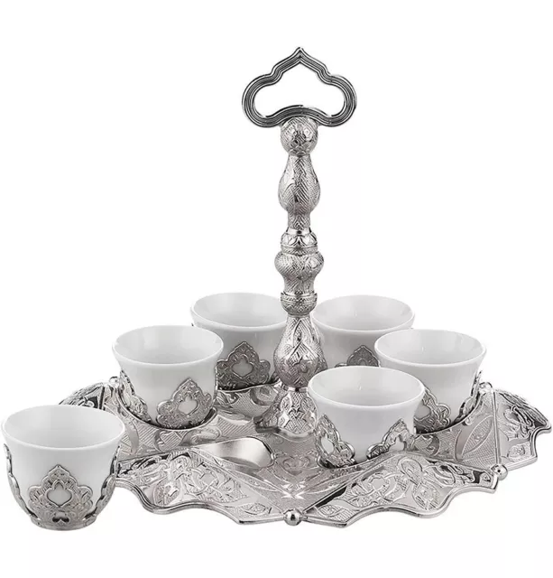 Turkish 7 Piece Mirra Coffee Cup Set With Hanger Ottoman Style - Silver 150-K-11