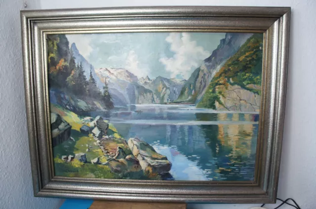 Gemälde Ölgemälde Landschaft  Bergsee Alpensee Fjord signiert Fritz Wieland