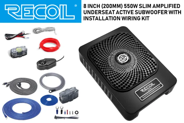 RECOIL SL1789 8-inch  550W slim amplified underseat subwoofer  with wiring kit