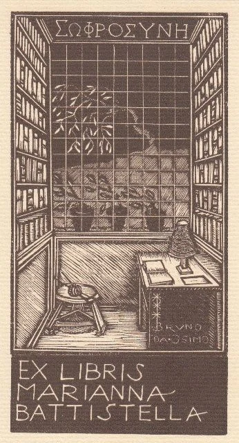 Exlibris Bookplate Hochdruck Bruno da Osimo 1888-1962 Strickzeug Topfpflanzen