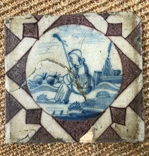 ANTIQUE MID 18C POLYCHROME DUTCH  DELFT TILE SHEPHERD IN A LANDSCAPE c.1760. 
