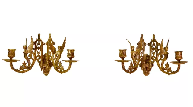 French Antique Empire Bronze PAIR Wall Lamp Sconces - Winged Woman Angel PINET