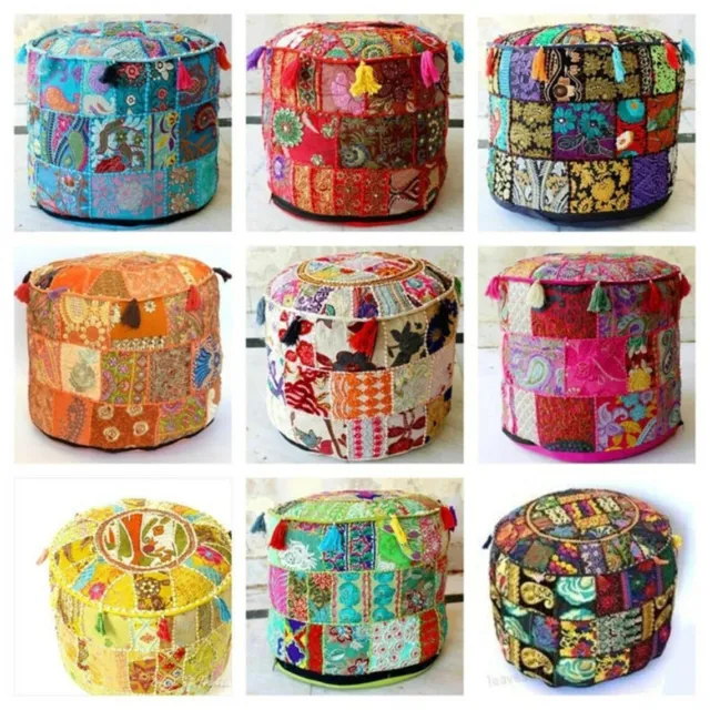 Pouffe Cover Patchwork Handmade Vintage Throw Ethnic Art Ottoman Cover