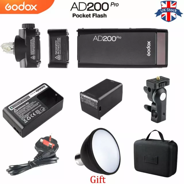 UK Godox AD200Pro 200Ws Two head TTL 1/8000 HSS Pocket Flash for Wendding Studio