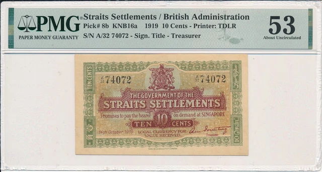 The Government of Straits Settlements  10 Cents 1919  PMG  53