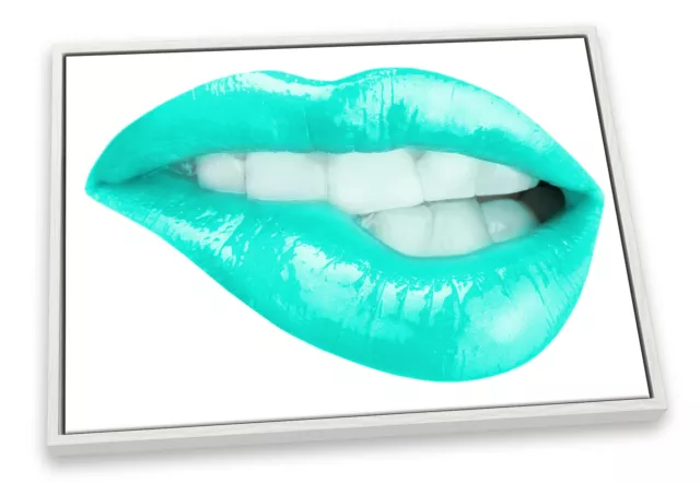 Lips Bite Lipstick Turquoise Teal CANVAS FLOATER FRAME Wall Art Print Picture