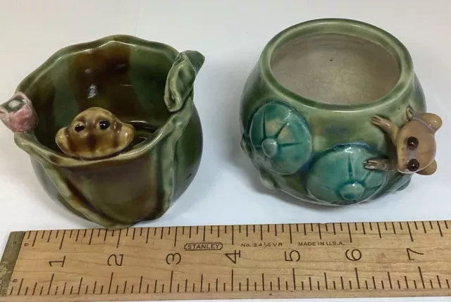 2 Vintage Chinese Majolica Flower Pots Frogs & Lotus Flower 3”