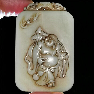 Chinese old rare hetian  jade Jadeite hand-carved pendant necklace Buddha