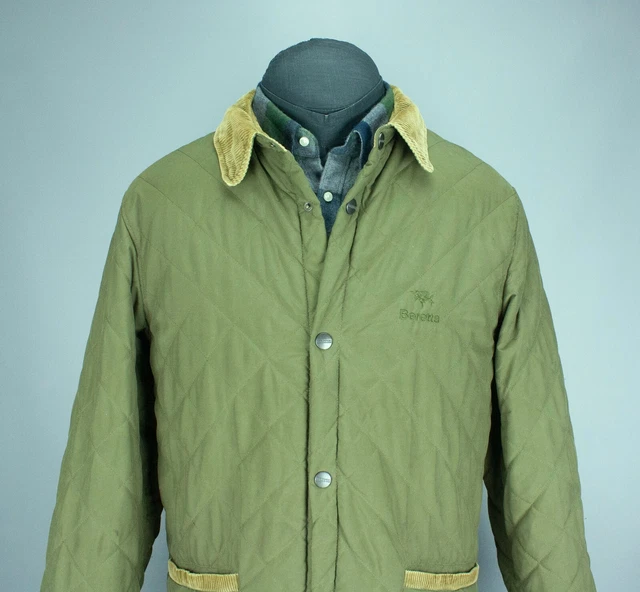 VTG Beretta Sport Thermore Men Hunting Olive Quilted Jacket Corduroy Collar 38/M