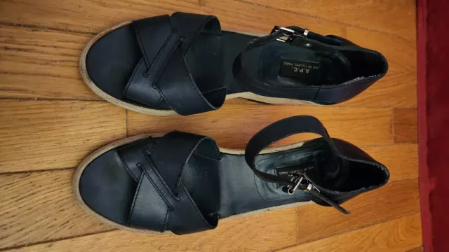 A.P.C. Navy Leather JULIETTE Wedge Sandal, Size 7