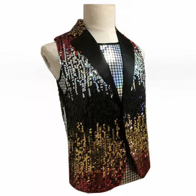 Mens Sequin Waistcoat Sleeveless Notch Lapel Jacket Gilet Vest Fancy Dress 3