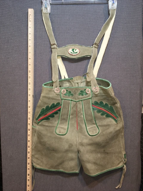 Vintage German Bavarian Gray Green Suede Leather Lederhosen Shorts Boys Size 24”