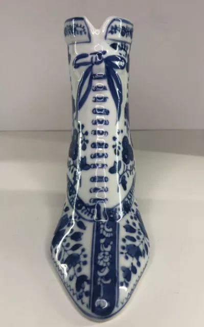 Ceramic Victorian Boot Decorative Vase Planter Blue/ White Tall Porcelain Good