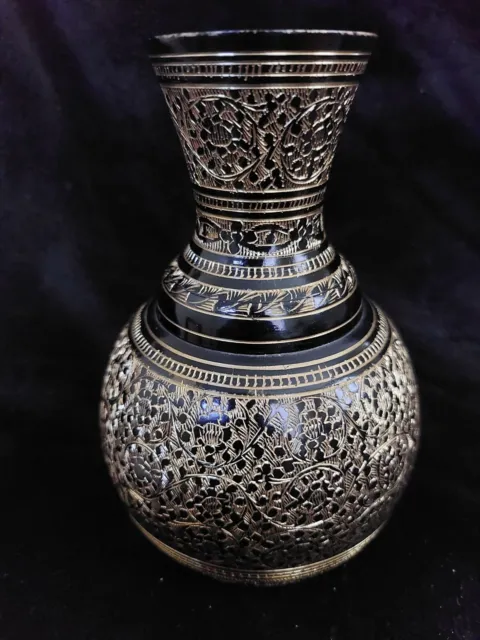 Solid Brass Vase Black Enamel Hand Painted Gold Trim & Hand Etched Gold