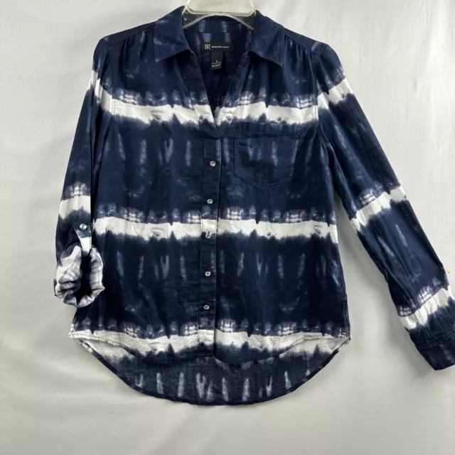 INC International Concepts Womens Small Navy Blue White Tie Dye Button Up Blouse