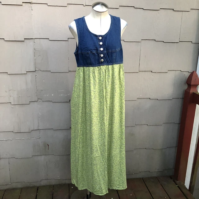 90s Vintage Carole Little Baby Doll Midi Dress Denim Sleeveless Green Floral 8