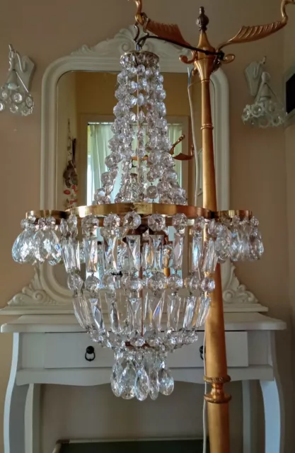 Vintage Brass & Crystals French Empire Chandelier Ceiling Lamp Light