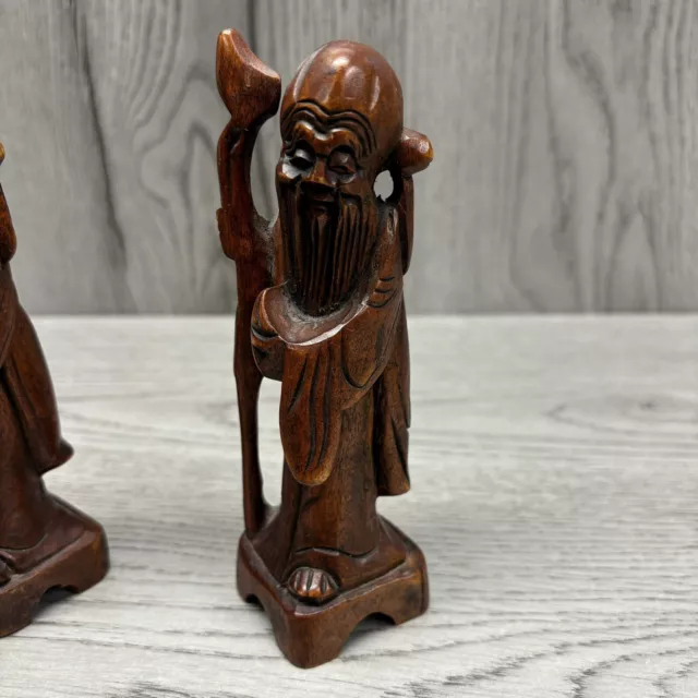 Vintage Hand Carved Wood Statue Old Man Longevity God Shouxing Pair 6” 3