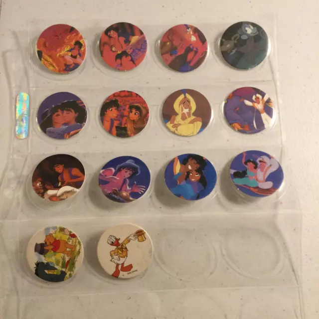 14 Vintage 90's Walt Disney Pogs Collectible Milk Caps Donald Duck, Pooh Aladdin