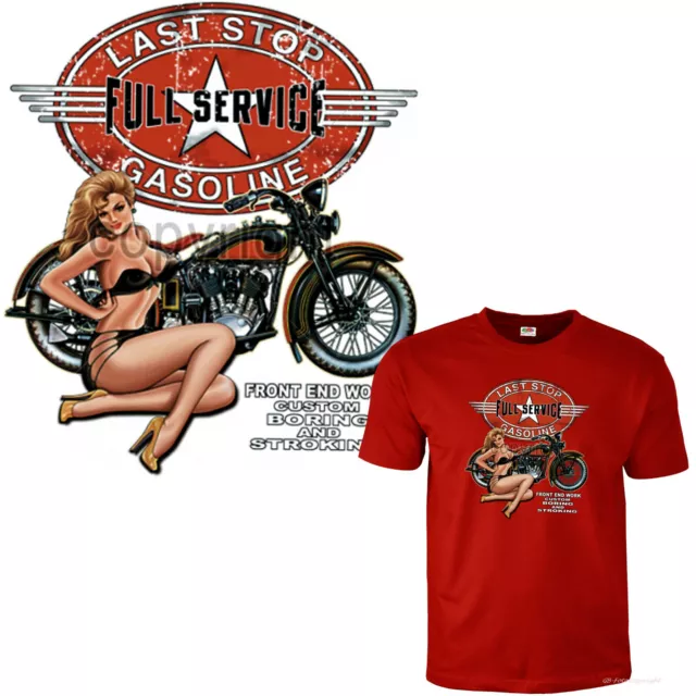 Biker T-Shirt classic Harley-Motiv Motorrad Oldtimer Garage Pinup Girl *4183 rot