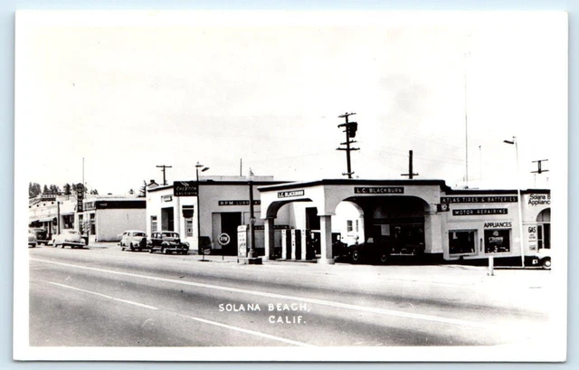 RPPC SOLANA BEACH, CA California ~ STREET SCENE GAS Station c1940s Cars Postcard