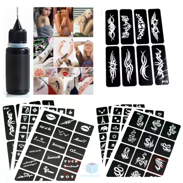 70er Überraschungsset Henna Schablonen Henna Tattoo + 10 ml Farbe Set NEU groß