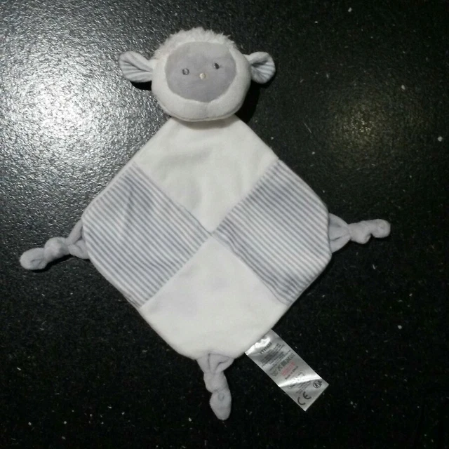 Doudou plat mouton rayé blanc gris Tom et & Kiddy bisous d'ange grelot hochet