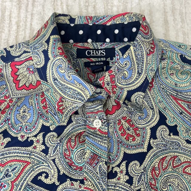 Chaps Ralph Lauren Shirt Womens Medium Blue Button Paisley No Iron 3/4 Sleeve