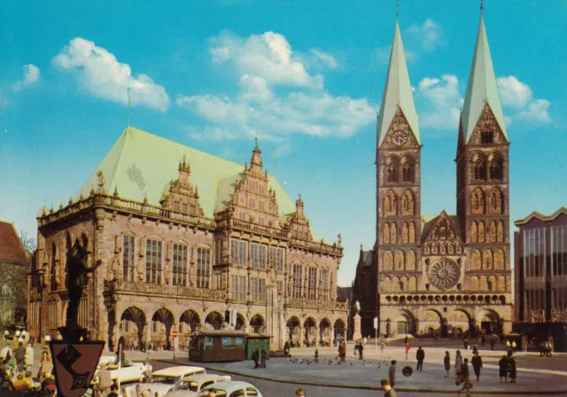 2484. color-AK. BREMEN. RATHAUS und DOM, ROLAND, Marktplatz, Autos, belebt, ugl.