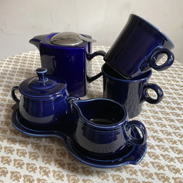 FIESTA WARE Cream & Sugar Bowl Set + 2 Mugs + BEE HOUSE Teapot, all COBALT BLUE