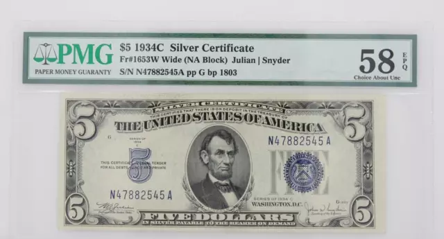 $5 1934C Silver Certificate Note FR#1653W Wide NA Block PMG 58 EPQ About Uncir
