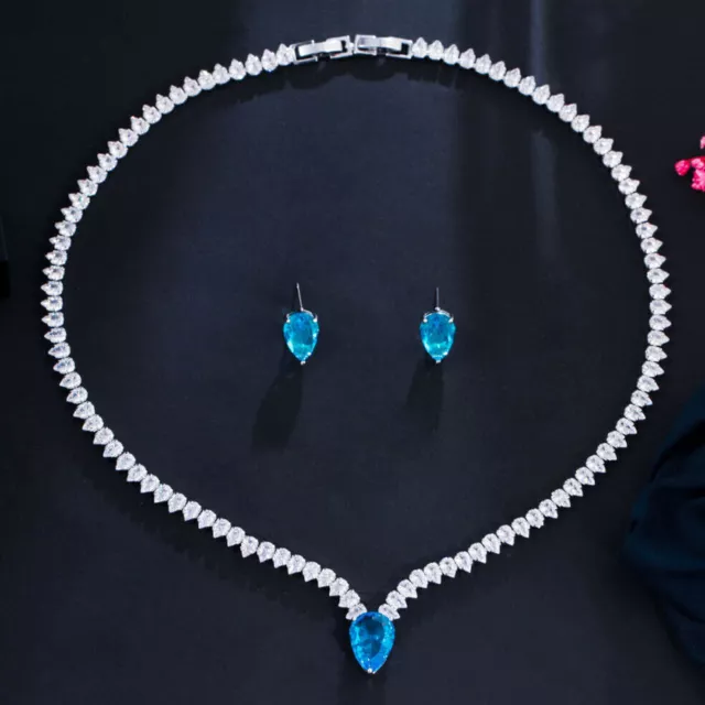 Light Blue Crystal Necklace Stud Earrings Set for Wedding Party Jewelry Women