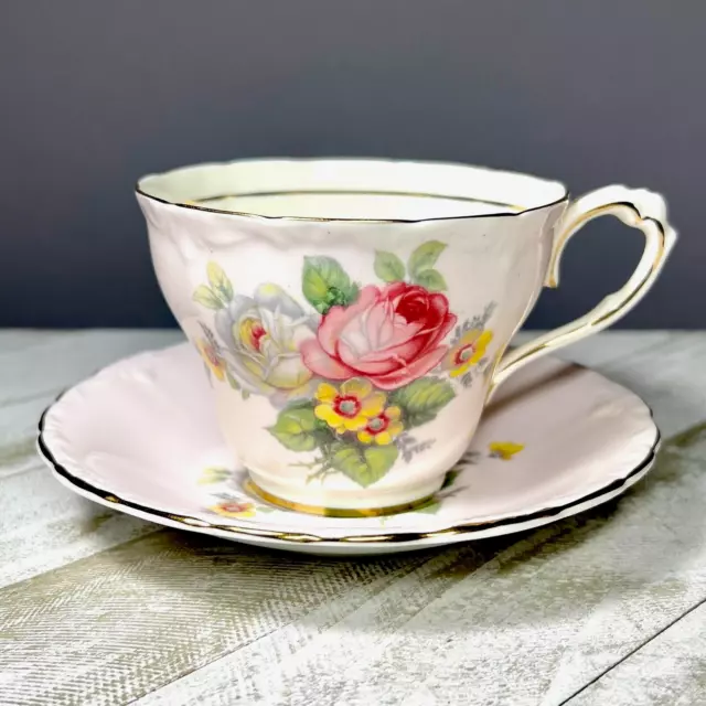 Vintage 1930's Paragon Floral Tea Cup & Saucer Pink & White Rose Double Warrant 3