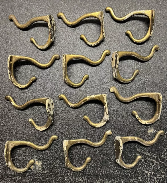12 Vintage Brass Plated Iron Wall Coat Hook Hat Hall Cabinet Farm Salvage Shabby